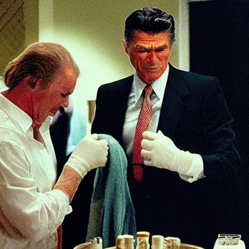 Image similar to Still of Ronald Regan removing his human skin, revealing his lizard body, in the style of Eyes Wide Shut (1999)