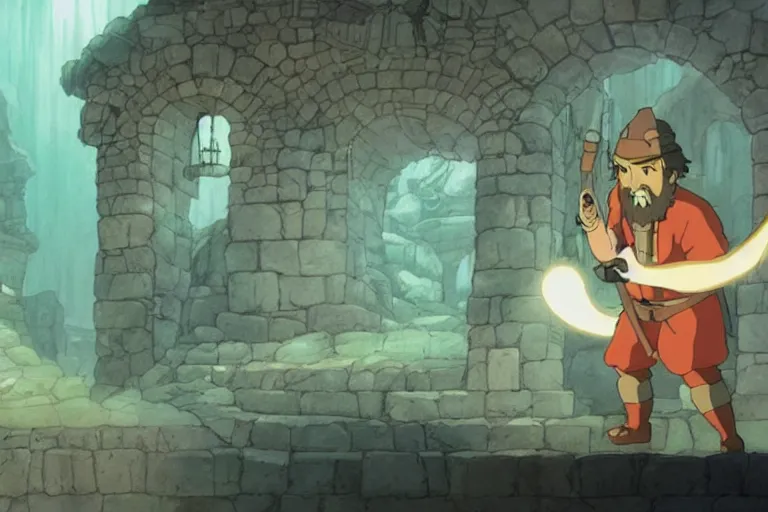 Image similar to a bearded man holds a torch and explores a Dungeon, luminous, Studio Ghibli