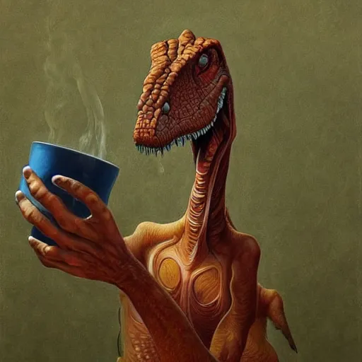 Prompt: A dinosaur drinking coffee, by alex grey, by Esao Andrews and Karol Bak and Zdzislaw Beksinski and Zdzisław Beksiński, trending on ArtStation