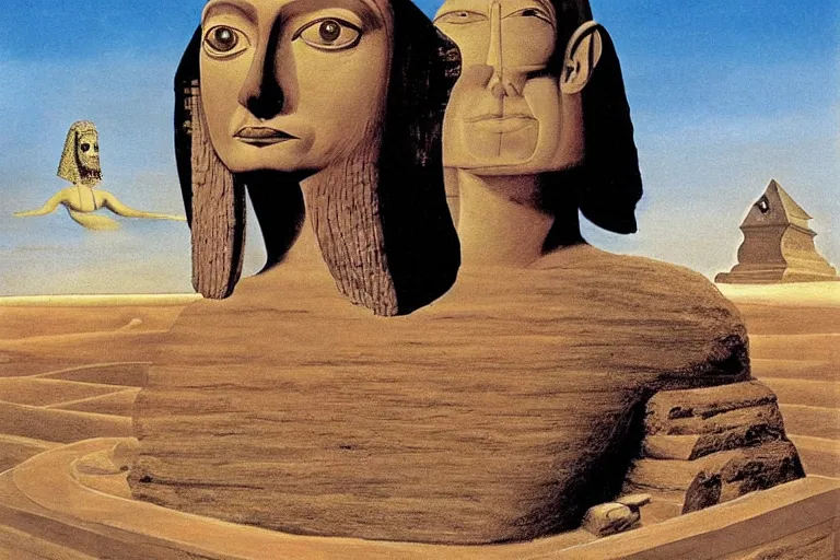 Image similar to john cleese as the sphinx, the sphinx with the head of john cleese, young john cleese's head on the sphinx, painting by salvador dali