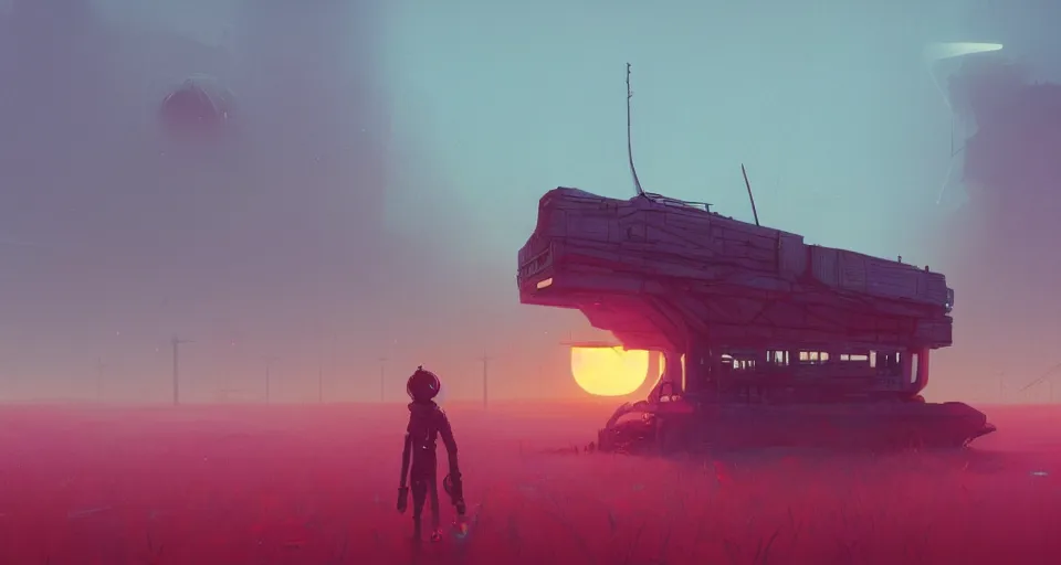 Prompt: A very very very dim Outpost with a sunset, red atmosphere, very hazy, rendered by simon stålenhag, rendered by Beeple, Makoto Shinkai, syd meade, synthwave style, environment concept, digital art, starwars, unreal engine, 3 point perspective, WLOP, trending on artstation, low level, 4K UHD image, octane render,