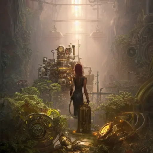 Image similar to a ultradetailed beautiful concept art of the core of a steampunk machine where vegetation have start to peacefully grow, dramatic lighting, dynamic lighting, cinematic lighting, lit by morning light, concept art, high resolution 4 k, by tom bagshaw, greg rutkowski, charli bowater and artgeem