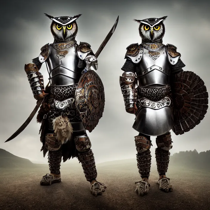 Image similar to full length photo of a warrior with owl themed armour, highly detailed, 4 k, hdr, smooth, sharp focus, high resolution, award - winning photo