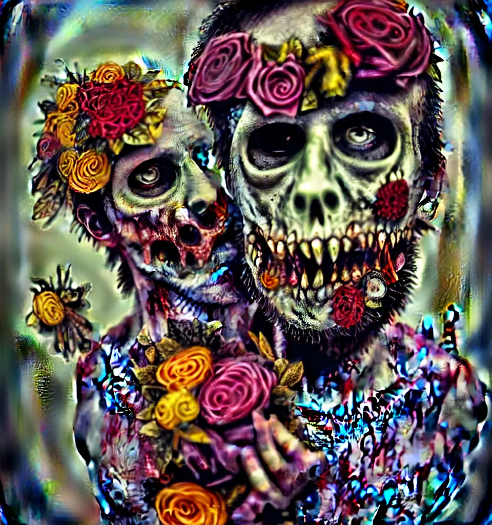 Image similar to zombie, punk rock, young male, bearded, multicolored faces, fruit and flowers, gemstone eyes, botanical, vanitas, sculptural, baroque, rococo, intricate detail, spiral, ornamental, kaleidoscopic, soft, elegant, beautiful