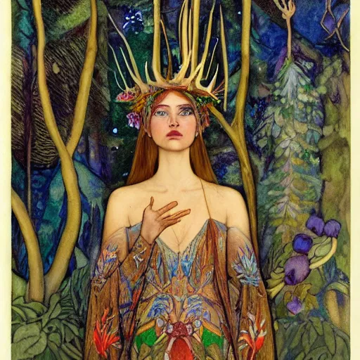 Image similar to queen of the forest wearing an antler crown, by Annie Swynnerton and Nicholas Roerich and Tino Rodriguez, embroidered robes, floral tattoos, bioluminescent skin!, elaborate costume, geometric ornament, symbolist, soft colors, dramatic lighting, smooth, sharp focus, extremely detailed