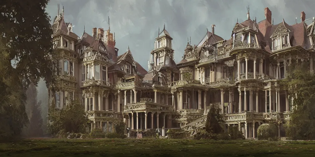 Prompt: a painting of a late Victorian mansion designed by Joseph Paxton, illustration by Mandy Jurgens and Małgorzata Kmiec and Dang My Linh and Lulu Chen and Alexis Franklin and Filip Hodas and Pascal Blanché and Bastien Lecouffe Deharme