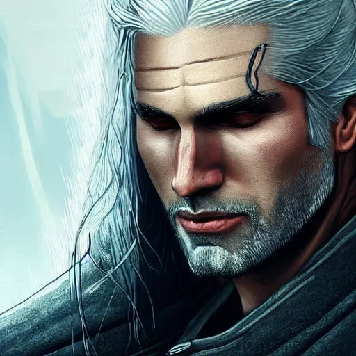 Image similar to dream Geralt of Rivia, golden eyes, silver hair, wolf pedant, 4k, artstation, cgsociety, award-winning, masterpiece, stunning, beautiful, glorious, powerful, fantasy art