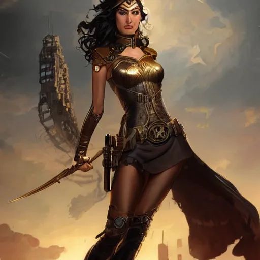 Image similar to highly detailed steampunk gal gadot standing, artgerm, greg rutkowski, magali villeneuve