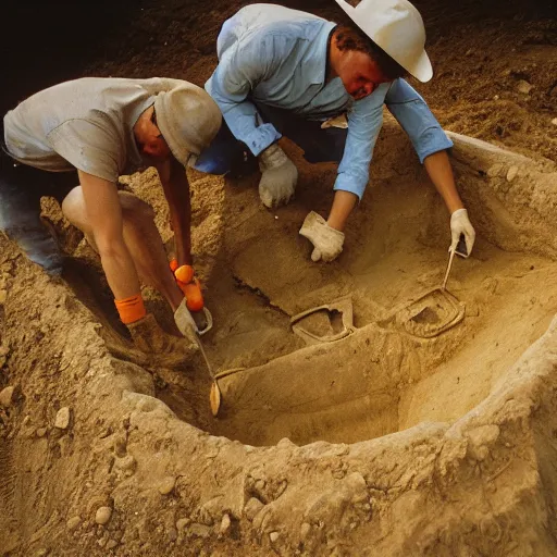 Image similar to happy archaeologists find large amounts of gold during excavation, Kodak porta 400 film stock, 50mm f1.4, sunset