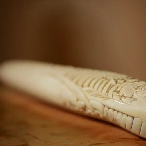 Prompt: close up photo of an ivory tusk with carvings of Homer Simpson