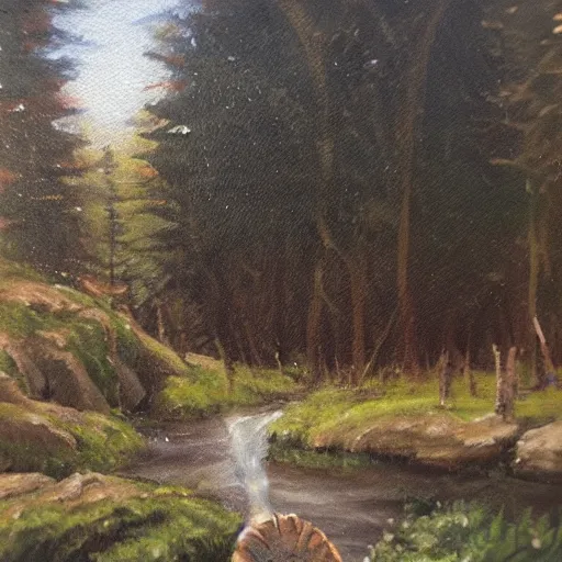 Prompt: Viking Druid in the sommer, forrest with a small river, oil painting.