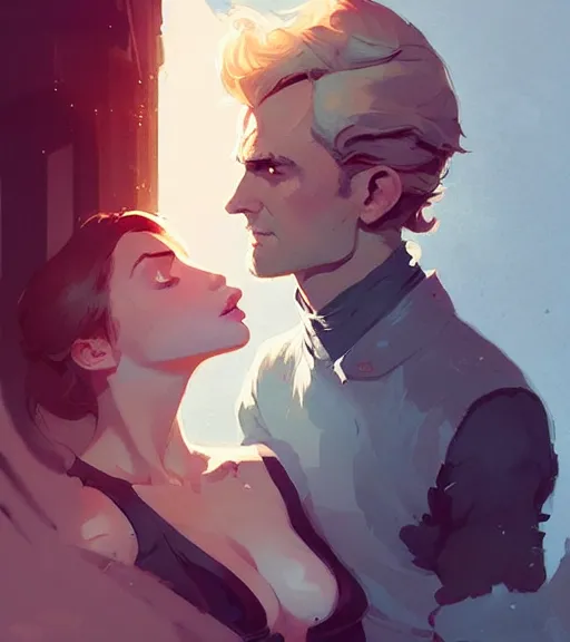 Image similar to portrait of cullen with a beautiful woman he loves by atey ghailan, by greg rutkowski, by greg tocchini, by james gilleard, by joe fenton, by kaethe butcher, dynamic lighting, gradient light blue, brown, blonde cream and white color scheme, grunge aesthetic