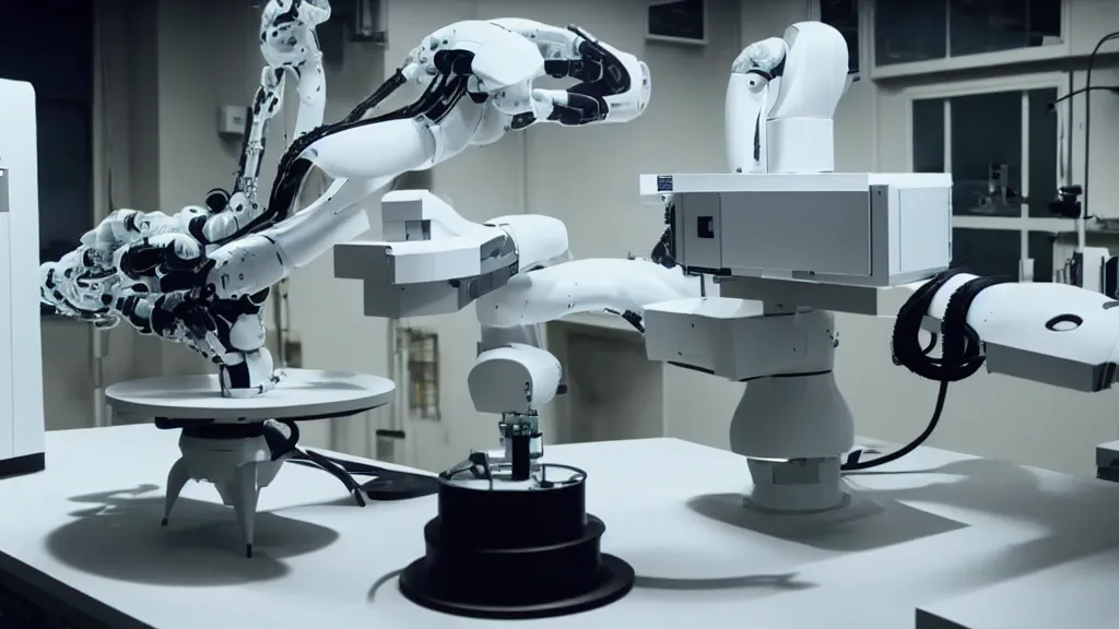 Image similar to a complex bifurcated robotic cnc surgical arm hybrid mri 3 d printer machine making black and white ceramic mutant forms in the laboratory inspection room, film still from the movie directed by denis villeneuve with art direction by salvador dali, wide lens