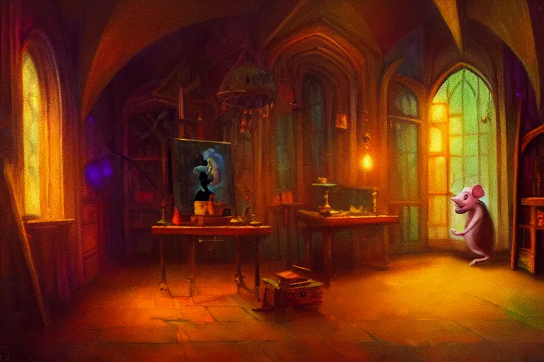 Prompt: A mouse in a Gothic atelier, oil painting, detailed, colorful, glowing lighting, 4k, dimly lit, in the style of vintage Disney,