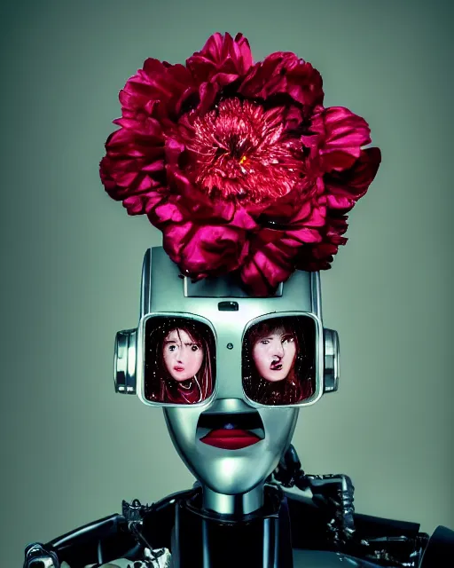 Image similar to Portrait of a robot, close-up, high sharpness, zeiss lens, fashion photo shoot, peony flowers, red hair, red lipstick, on the background of gold, on their face rhinestones, Edward Buba, Annie Leibovitz and Steve McCurry, David Lazar, Jimmy Nelsson, Eiko Hosoe, Zhong Lin, artistic, hyper-realistic, beautiful face, octane rendering