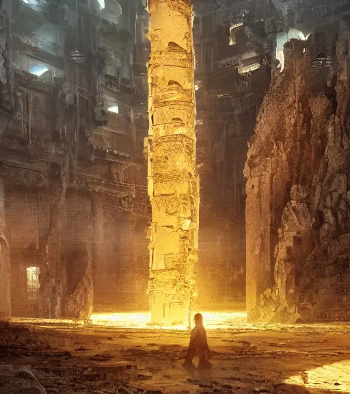 Image similar to tarkovsky greatest scene, the falling apart ancient destroyed majestic tower of babylon, a woman in futuristic cyber clothing, transparent puffer jacket, hyper realistic, cyber blockchain, cyber world, ambient lighting, concept art, intricate, hyper - detailed, smooth, dynamic volumetric lighting, octane, ray trace, cinematic, high quality, high resolution, 4 k, cgsociety