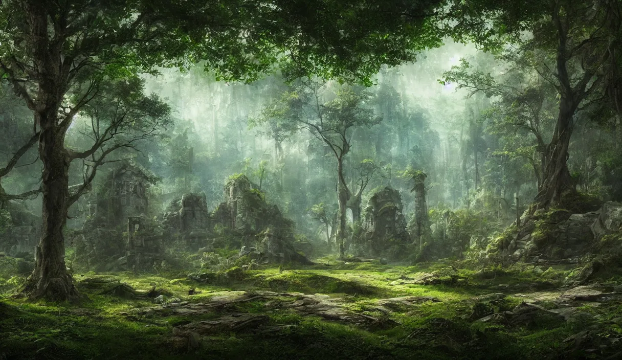 Image similar to a clearing in the forest, sharp focus, matte painting, illustration, concept art, ancient city covered in foliage