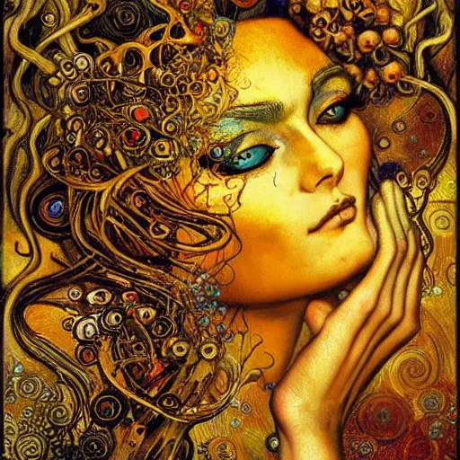 Image similar to Divine Chaos Engine by Karol Bak, Jean Deville, Gustav Klimt, and Vincent Van Gogh, beautiful visionary mystical portrait, sacred, otherworldly, fractal structures, ornate gilded medieval icon, third eye, spirals