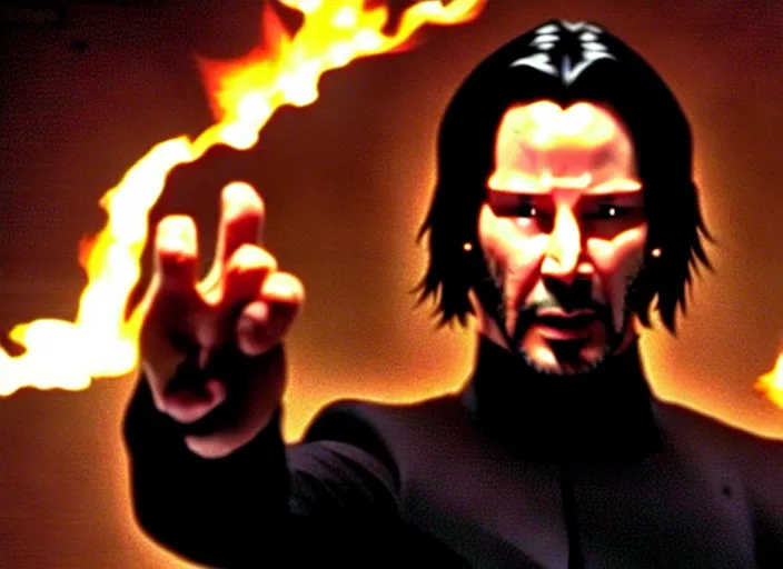 Image similar to A photo of Keanu Reeves as Neo in The Matrix movie doing a thumb up to the camera in front on burning servers, servers in flames in the background, doing a thumb up, The Matrix servers on fire, uncropped, full body, crispy, symmetrical face, ultra detailed, cinematic