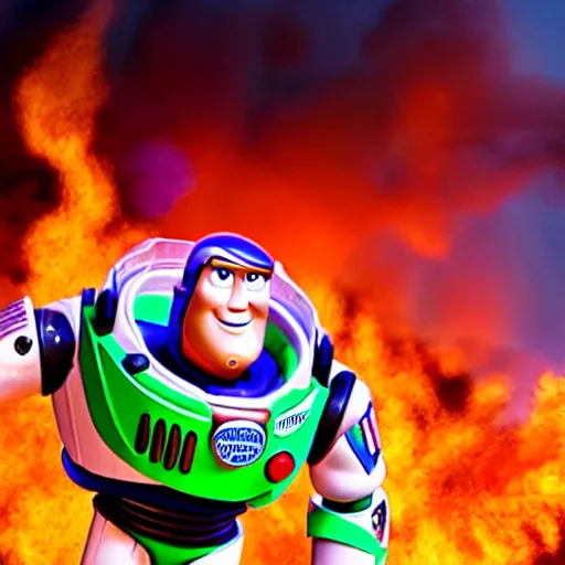 Prompt: Explosions, Fire, Chaos, Live Action Toy Story Directed by Michael Bay