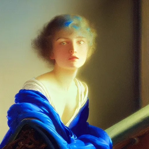 Image similar to a young woman's face, her hair is chrome and she wears an cobalt blue satin cloak, by ivan aivazovsky and syd mead and moebius and gaston bussiere and roger dean and pieter claesz and paul delaroche and alma tadema and aelbert cuyp and willem claesz, hyperrealistic, volumetric light, octane render