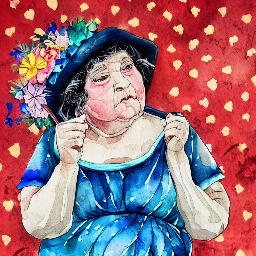 Image similar to of a very funny graffiti style watercolor painting of a sweet fat old woman is in love with her self. flowery dress. symmetrical face, red mouth, blue eyes. a flowery dress. deep focus, lovely scene. a very funny and sweet picture. unreal engine. pencil and ink. goya painting style.