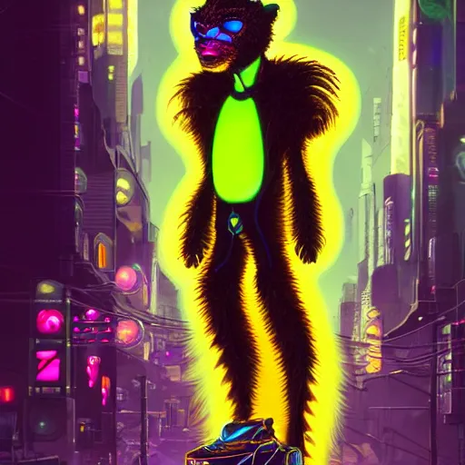 Image similar to a beautiful commission of an anthropomorphic cheetah wearing a neon jacket with mohawk hair,standing on the street,futuristic,detailed face,character design by charles bowater,mohawk,cyberpunk style,deviantart,artstation,art by greg rutkowski,ross tran,professional lighting,neon city,night,raytracing,rtx