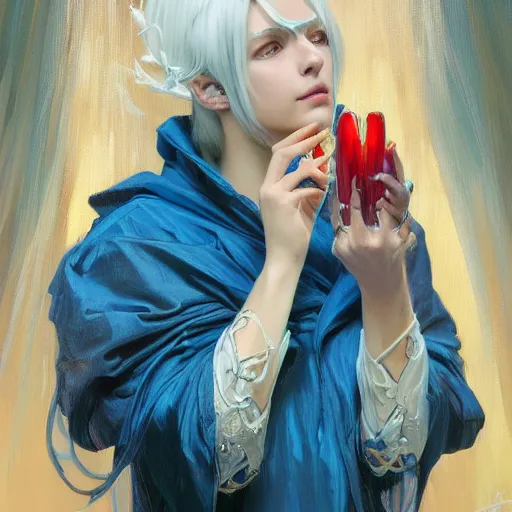 Image similar to oil painting of a priestess white haired women, cameraflash portrait by ilya kuvshinov, artgerm, alphonse mucha, and greg rutkowski, wearing blue coat, red makeup, wind mage, casting a spell, fantasy artwork, fantastic artwork, 4 k, trending on artstation