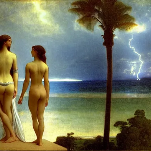 Image similar to Silhouette of two girls at the palace, thunderstorm, greek pool, beach and palm trees on the background major arcana sky, by paul delaroche, alphonse mucha and arnold böcklin arnold böcklin hyperrealistic 8k, very detailed