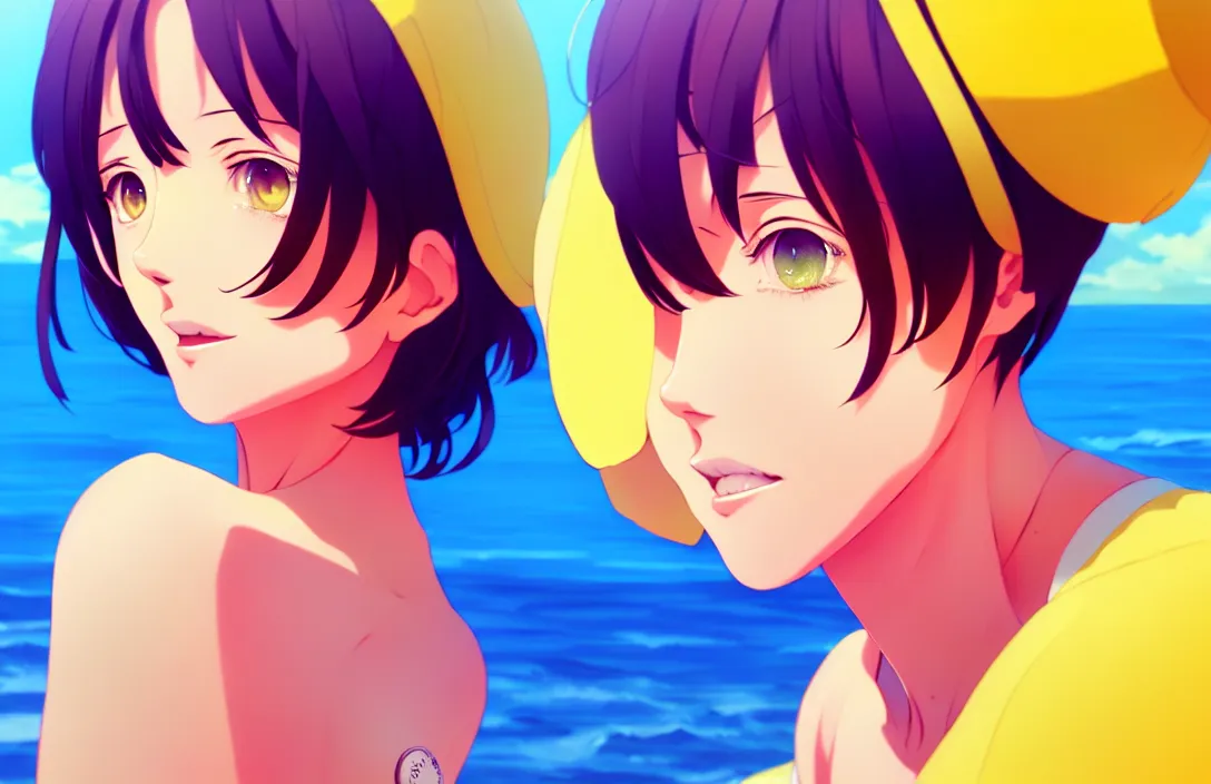 Image similar to ⁠portrait of a Lemon , Beach background, rich vivid colors, ambient lighting, dynamic lighting, 4k, HQ, official media, anime key visual, makoto shinkai, ilya kuvshinov, lois van baarle, rossdraws, detailed, trending on artstation