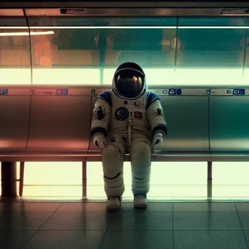 Image similar to a beautiful photo of an astronaut waiting in a subway station, 1970', soft light, morning light, photorealistic, realistic, octane, 8k, cinematic shot