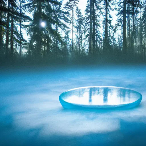 Image similar to abstract ice sculpture of a nebula hovering above a clear blue lake in a clearing in the middle of an evergreen forest at dawn