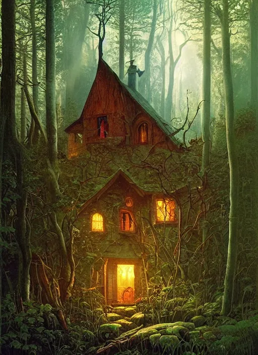 Image similar to hyper realistic witch cottage with mood lighting and technology in the woods gorgeous lighting, sunbeams blue sky, highly detailed, lush forest foliage painting by zdzisław beksinski and norman rockwell and greg rutkowski weta studio, and lucasfilm