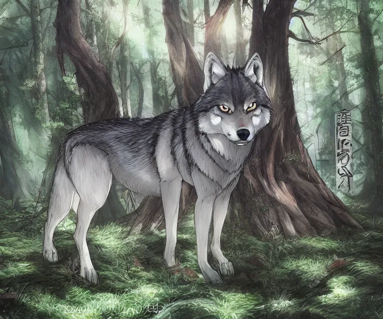 Image similar to wolf in a forest, anime fantasy illustration by tomoyuki yamasaki, kyoto studio, madhouse, ufotable, comixwave films, trending on artstation