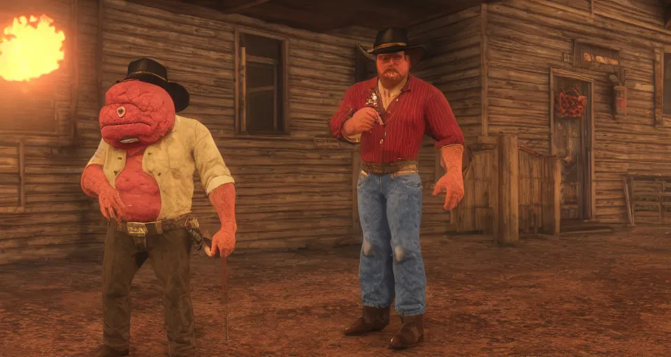 Image similar to Screenshot of Meatwad from Aqua Teen Hunger Force as a 3d cowboy in full cowboy attire in the videogame 'Red Dead Redemption 2'. Sharpened. 1080p. High-res. Ultra graphical settings.