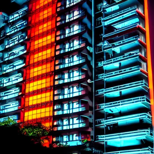 Prompt: A cyberpunk building at night, it functions as an appartment building, Neon japanese signs