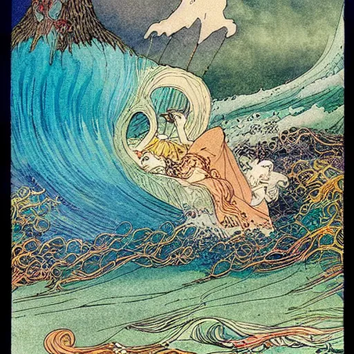 Image similar to an extremely colorful depiction of the wave scene from peter beagle ’ s the last unicorn, from a book of fairy tales illustrated by edmund dulac