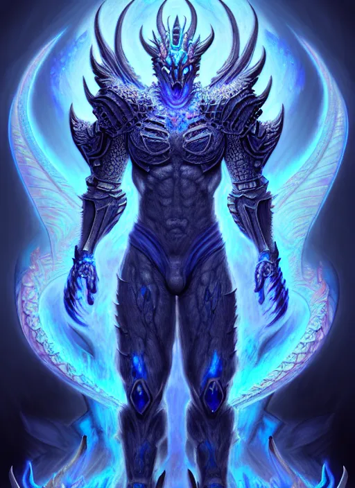 Image similar to muscular and tall blue ghostly fire humanoid dragon!!!! draconian!! intricate ornate iridescent heavy armor!! character concept art, sharp focus, octane render! unreal engine 5! highly rendered!! trending on artstation!! detailed linework!! illustration by artgerm, wlop, and chie yoshii