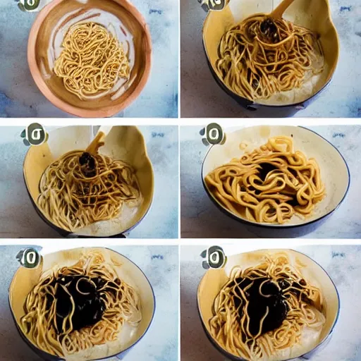 Image similar to making of an edible giraffe from noodles and soy sauce in 4 steps, starting with a bowl of noodles and ending with a noodle giraffe, each step is a progression from the last, dslr