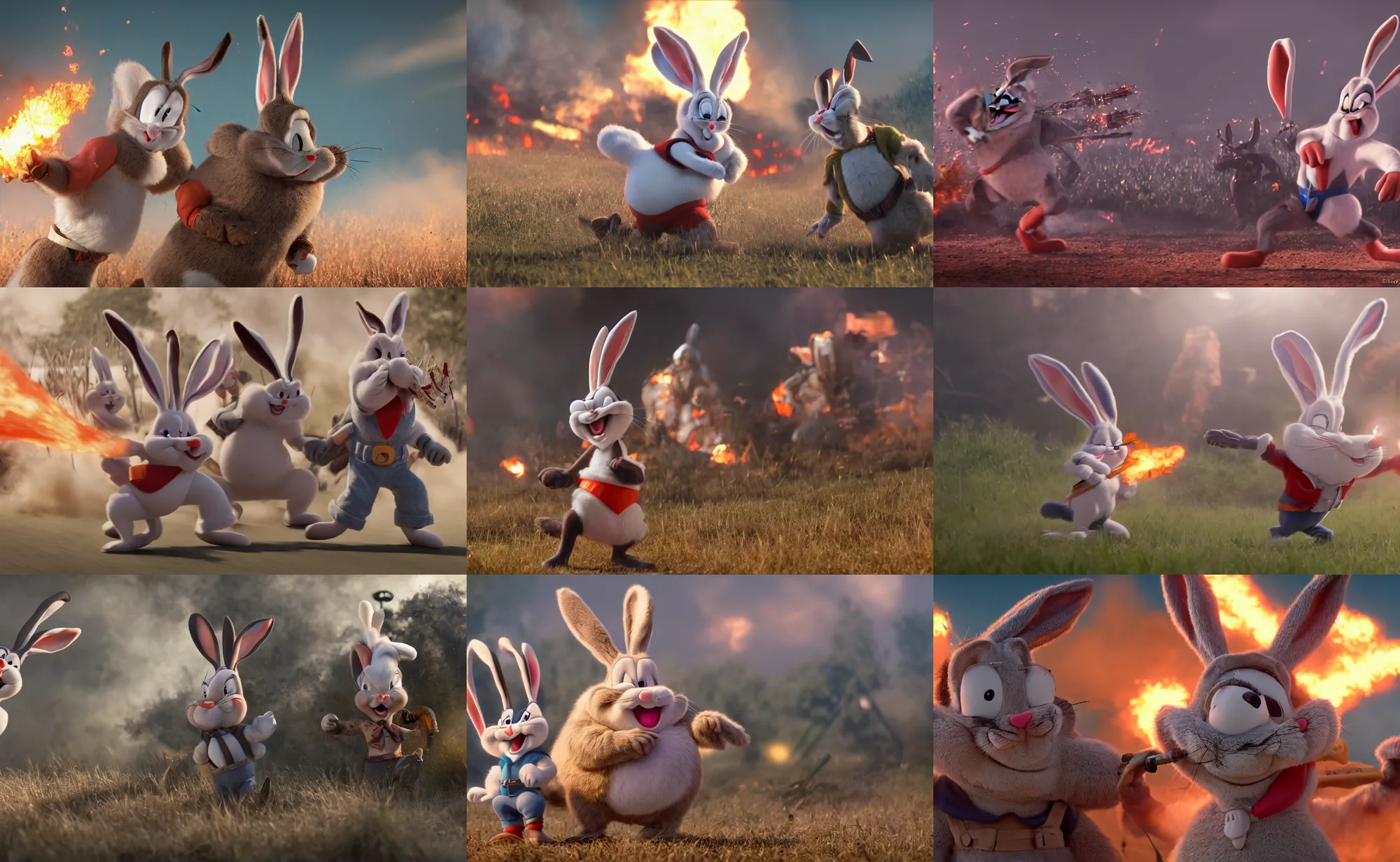 Prompt: cinematic shot of fat realistic bugs bunny in the heat of battle by greg rutowski, 4 k, masterpiece