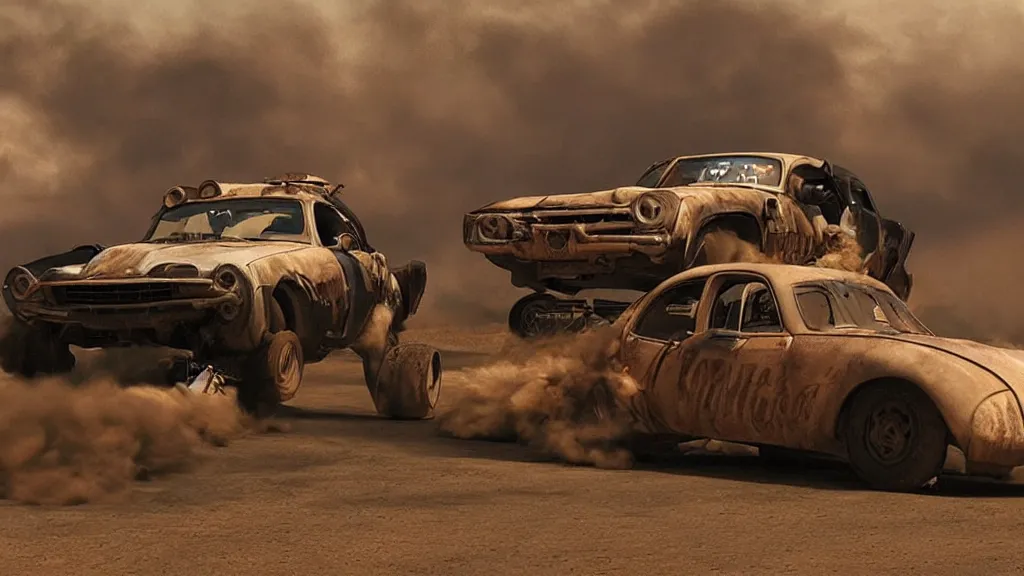 Image similar to mad max cars in a pixar movie