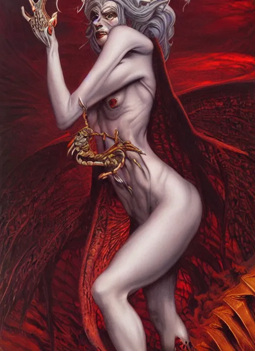 Prompt: demon sorceress by gerald brom, dark fantasy, oil painting, intricate detail, elegant, sharp focus