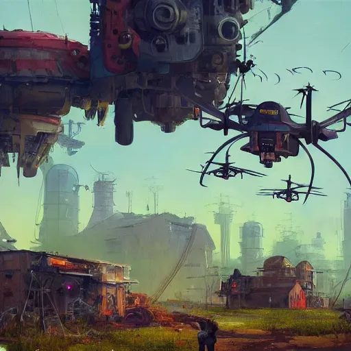 Image similar to dieselpunk concept art of a modest farm with drones and mechas working on it, grimy, gritty, dieselpunk trending on artstation, award winning painting, cgi, art by john berkey and anton fadeev and john howe and simon stalenhag