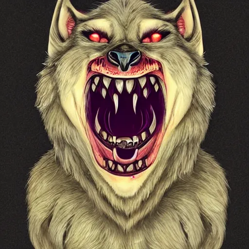 Prompt: A totally normal werewolf with an oddly hyper detailed mouth wide open drooling teeth throat tongue