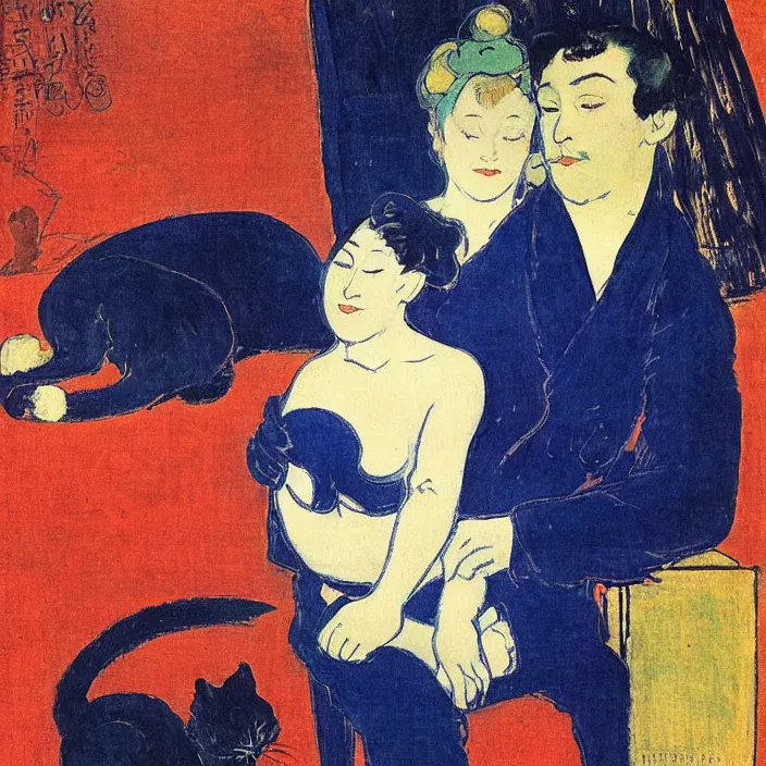 Prompt: couple under a baldachin. deep indigo blue colors, fuzzy black cat. henri de toulouse - lautrec, utamaro, emil nolde, matisse, rene magritte