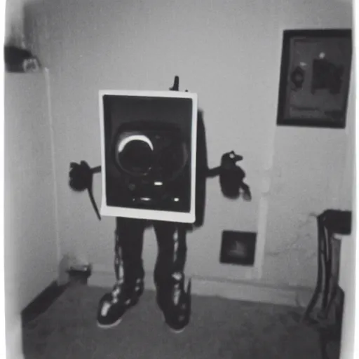 Prompt: Alien!!!! caught on camera basement polaroid photo 90s out of focus grimy