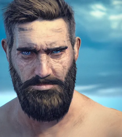 Image similar to portrait of muscular, tired and alcoholic 3 0 - year - old grieving man with short darkblonde hair, serious sad look in his eyes, looking down, dirty beard, blue eyes, crying tears, wearing dirty soldier uniform, on the desert, sad atmosphere, hyper realistic face, character art, art by mark brooks, cryengine, trending on artstation, digital art