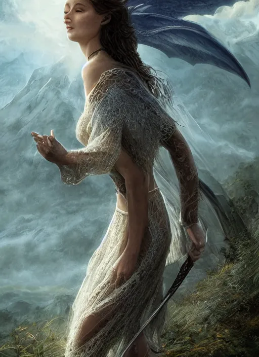 Prompt: full body portrait of a beautiful women with wings of lace in a lord of the rings scenery landscape, by artgerm, sunny day, highly detailed, perfect lighting, perfect composition, 4 k, by alan lee, by derek zabrocki, by greg rutkowski