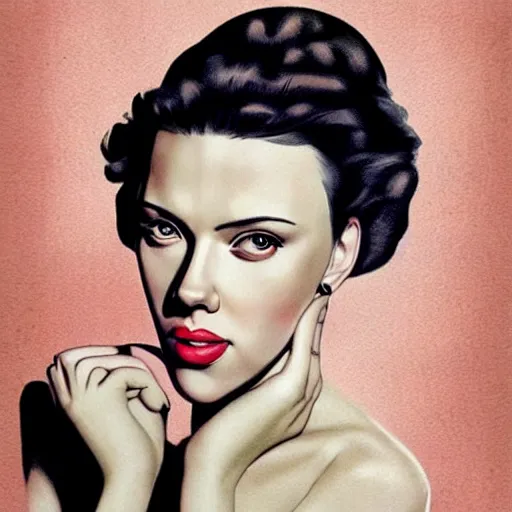 Prompt: “Scarlett Johansson portrait, color vintage magazine illustration 1950”