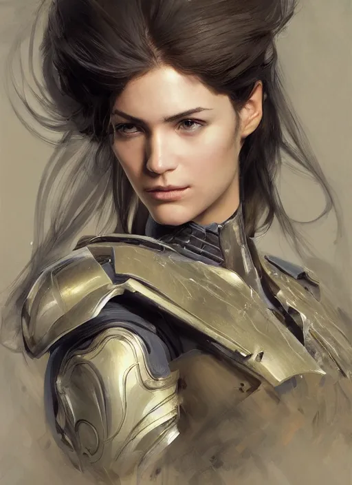 Image similar to a professional painting of a beautiful young female, clothed in military armor, olive skin, long dark hair, beautiful bone structure, symmetrical facial features, intricate, elegant, digital painting, concept art, smooth, sharp focus, illustration, from Metal Gear, by Ruan Jia and Mandy Jurgens and Artgerm and William-Adolphe Bouguerea